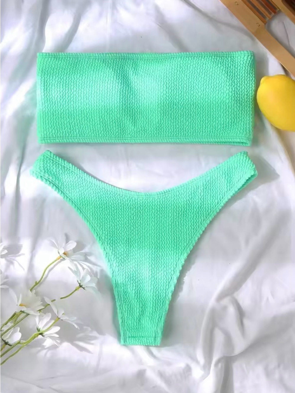 Mint Green Textured Bikini Set - Strapless Bandeau Top & High Cut Bottoms